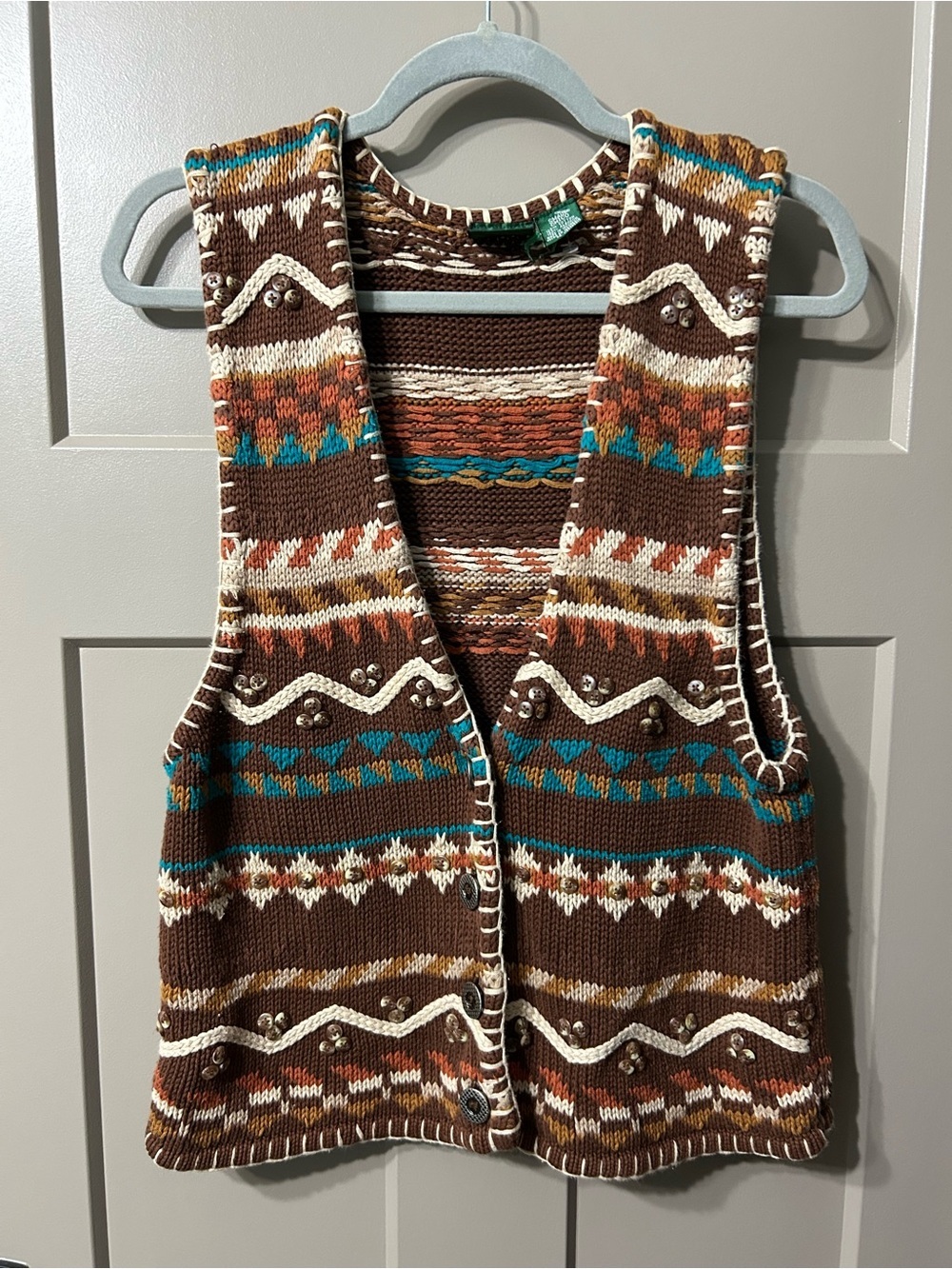 Hunt Club Brown Fair Isle-Patterned Knit V-Neck Vest with Teal & Cream Accents